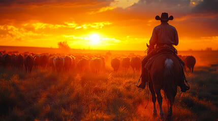 Cowboy Leading Cattle on Horseback at Sunset on Vast Plains with Golden Glow Guiding Herd in Breathtaking Western Landscape