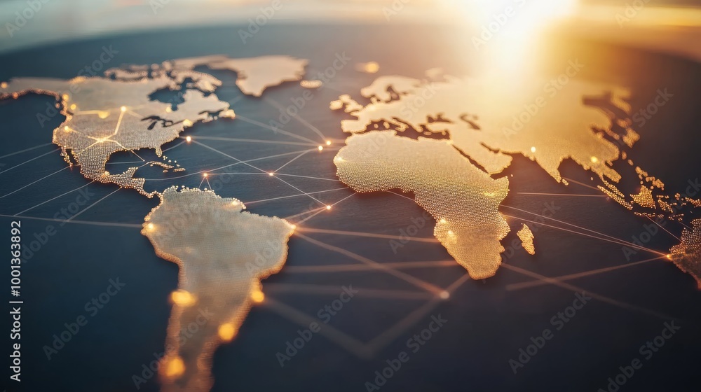 Poster a golden world map illuminated by sunlight, showcasing global connections and geographic features, s