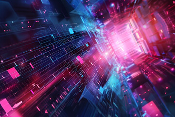 Vibrant digital particles floating in space with pink and blue hues, symbolizing data transmission, virtual networks, and cosmic technology advancements