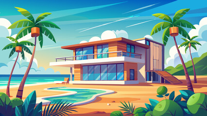 A modern tropical beach house with a flat roof and large windows overlooking a sandy beach, palm trees, and a clear blue ocean