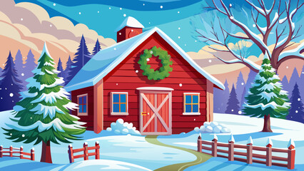 A red wooden barn with a Christmas tree and a wreath on the front, surrounded by snow in a rural winter landscape