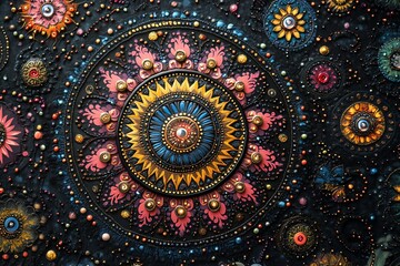 Colorful mandala made of beads, sequins, and fabrics on dark background.
