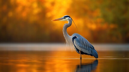 Naklejka premium A great blue heron stands gracefully in calm waters, surrounded by autumn foliage.