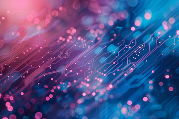 Vibrant digital particles floating in space with pink and blue hues, symbolizing data transmission, virtual networks, and cosmic technology advancements