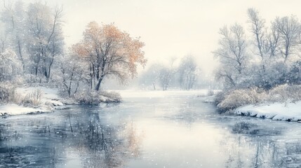 Snowy winter scene with moonlit trees and falling snow