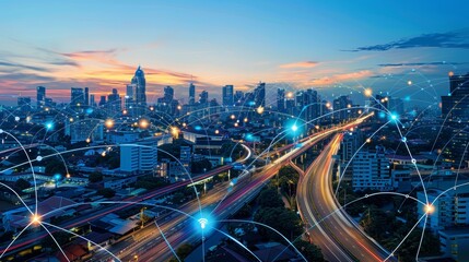 Vibrant cityscape showcasing 5g technology and futuristic networks driving global innovation