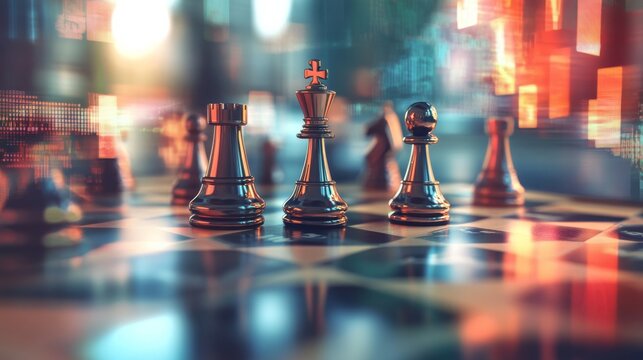A close-up of metallic chess pieces poised strategically on a glossy board, reflecting vibrant lights, symbolizing strategy and intellect.