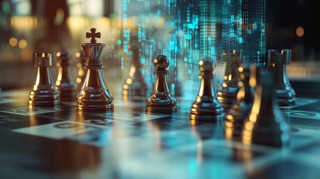 A close-up view of metallic chess pieces on a board, with a digital overlay suggesting a fusion of traditional strategy and modern technology.
