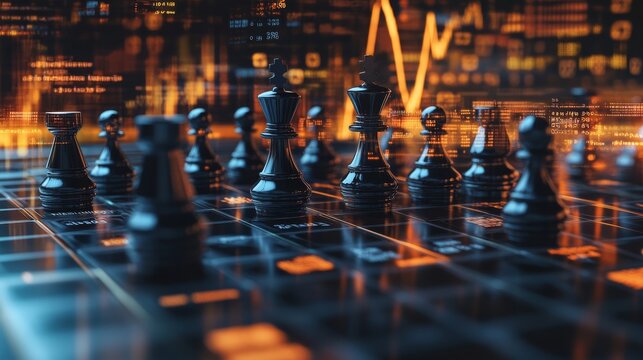 A close-up of chess pieces on a futuristic board, enhanced with glowing graphics, symbolizing strategy and digital gaming.