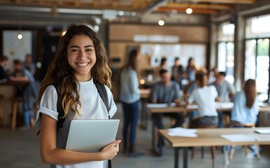 Fototapeta premium Smiling Student With Laptop In Modern Classroom