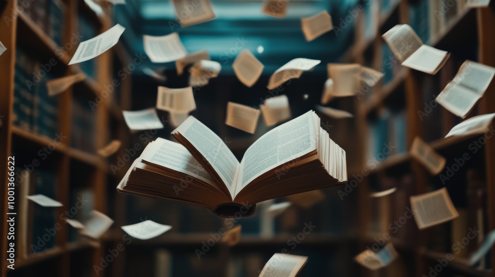 Poster a mesmerizing scene of floating books in a library, capturing the wonder and magic of reading.
