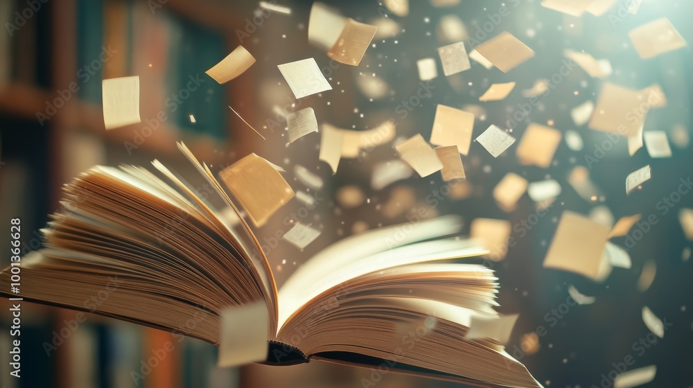 Poster an open book with pages flying out, illuminated by rays of light, creating a magical atmosphere arou