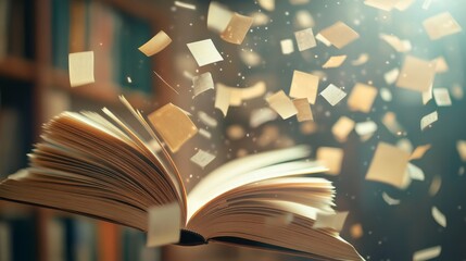 An open book with pages flying out, illuminated by rays of light, creating a magical atmosphere around the act of reading.