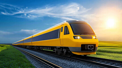 Naklejka premium futuristic electric train runs on solar power, showcasing sleek design against vibrant sunset. scene captures innovation and sustainability in transportation