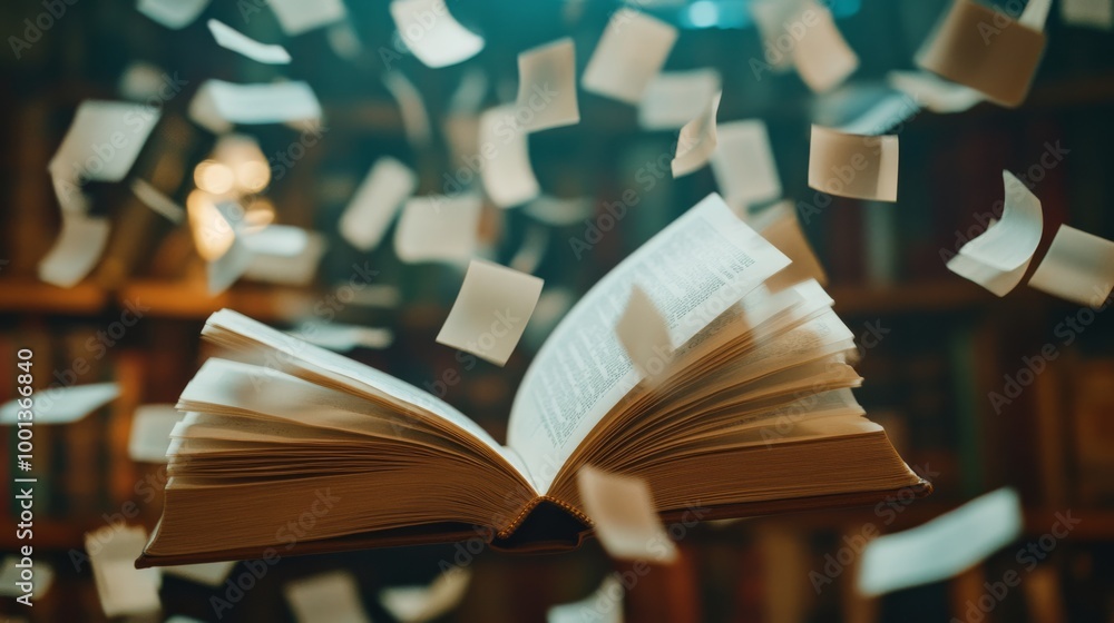 Poster a book is open with pages flying around, creating a dynamic scene in a library, symbolizing knowledg