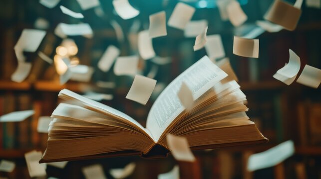 A book is open with pages flying around, creating a dynamic scene in a library, symbolizing knowledge and discovery.