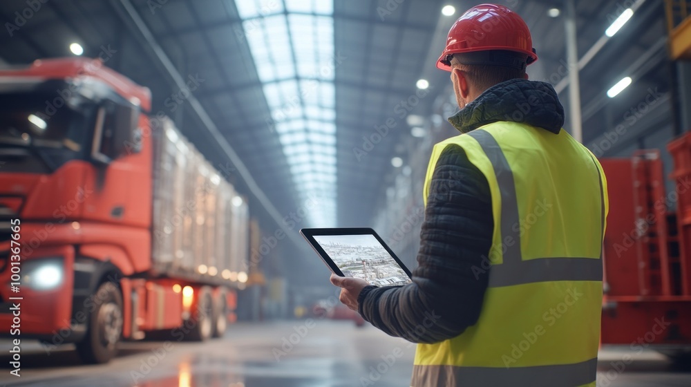 Aufkleber a man in a yellow vest is looking at a tablet while standing in front of a large
