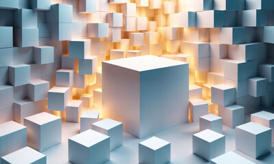 Obraz premium A large cube stands out in a field of smaller cubes, illuminated by a warm glow