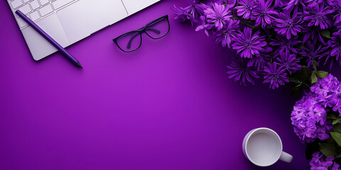A vibrant purple workspace setup featuring a laptop, glasses, flowers, and a coffee cup for a creative environment.