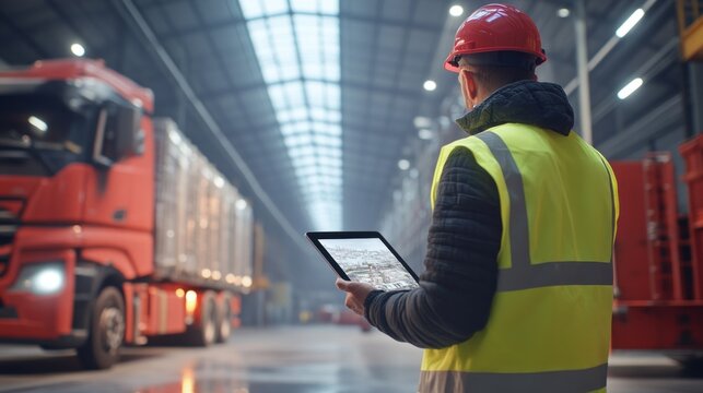 A man in a yellow vest is looking at a tablet while standing in front of a large - Powered by Adobe