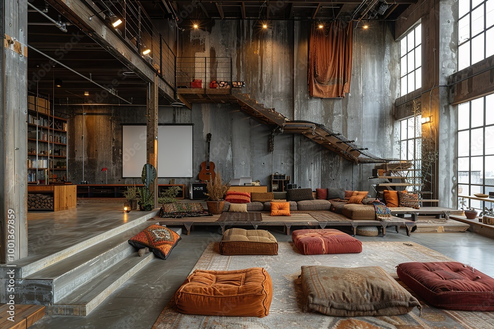 Poster a large room with a projector screen and a staircase