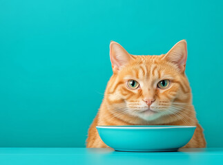 Orange tabby cat waiting patiently by a turquoise bowl on a bright background