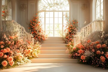 Beautiful wedding backdrop with flowers and staircase generative AI	
