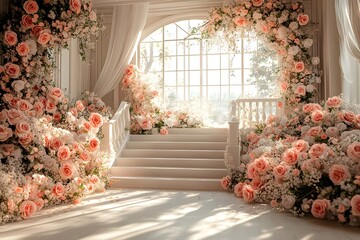 Beautiful wedding backdrop with flowers and staircase generative AI	
