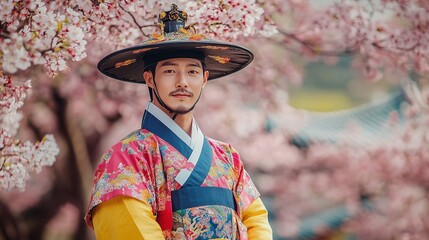 A man in a traditional South Korean hanbok, standing in a vibrant garden filled with cherry blossoms.