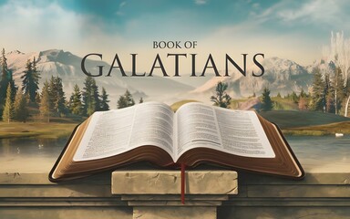 An epic cinematic presentation of an open bible revealing the name of the book of the bible. The book is the Book of Galatians.