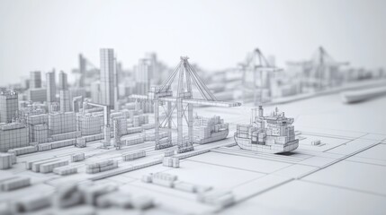 Obraz premium A minimalistic 3D representation of a bustling port city, featuring cranes, cargo ships, and modern skyscrapers in a monochrome design.