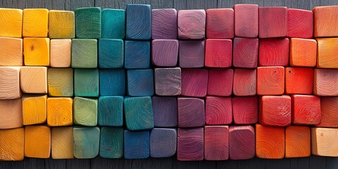 Colorful wooden blocks arranged in a rainbow pattern on a dark wooden background.