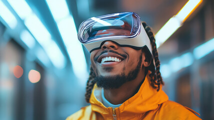 Portrait of smiling african american using VR with future background with copy space