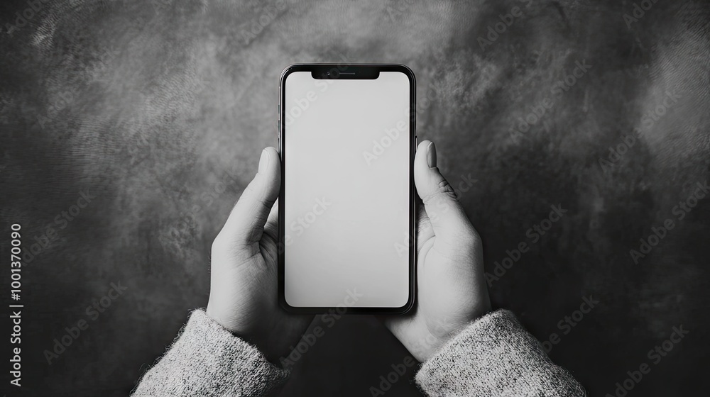 Poster hands in grayscale holding a smartphone with a blank screen, the focus on the device, creating a ver