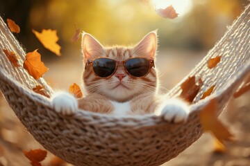 A relaxed orange cat wearing sunglasses lounging in a hammock surrounded by autumn leaves in a warm afternoon light - Powered by Adobe