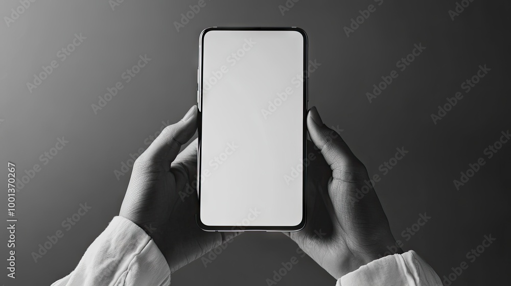 Poster hands in grayscale holding a smartphone with a blank screen, the focus on the device, creating a ver