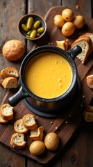Swiss Fondue with Melted Cheese and Bread Cubes in a Classic Setting