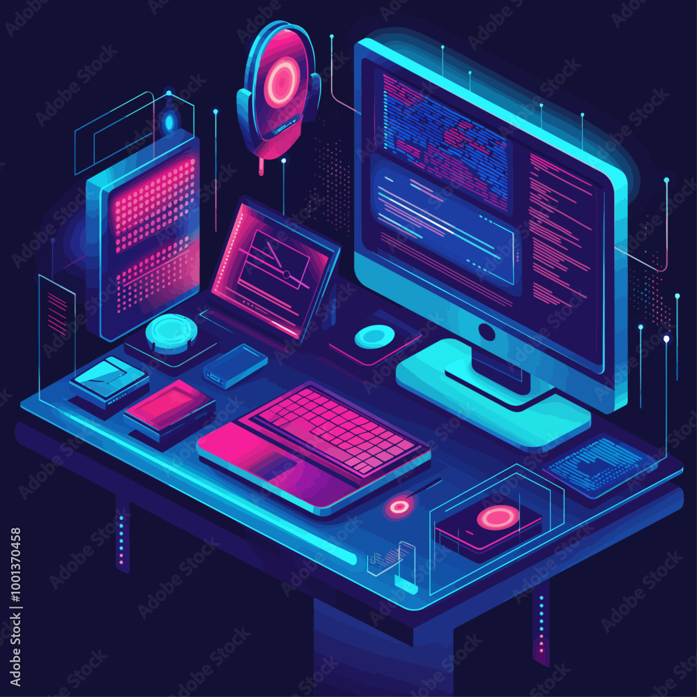 Poster isometric hacking lab cybersecurity vector illustration