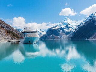 Cruise ship docked at an Alaskan port, surrounded by snow-capped mountains and icy waters, Alaskan port, arctic adventure