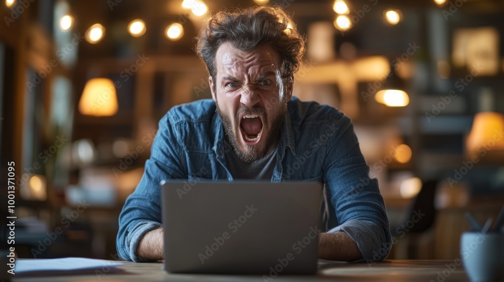 Poster a man is sitting at a table with a laptop in front of him, yelling into it