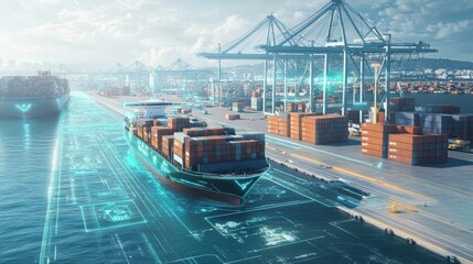 A futuristic port scene showcasing a container ship being loaded and high-tech cranes amidst a vibrant waterfront environment.
