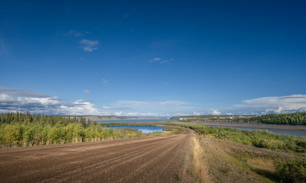 Dempster Highway approaching the Mackenzie and Arctic Red Rivers at the hamlet of Tsiigehtchic, Northwest Territories, Canada