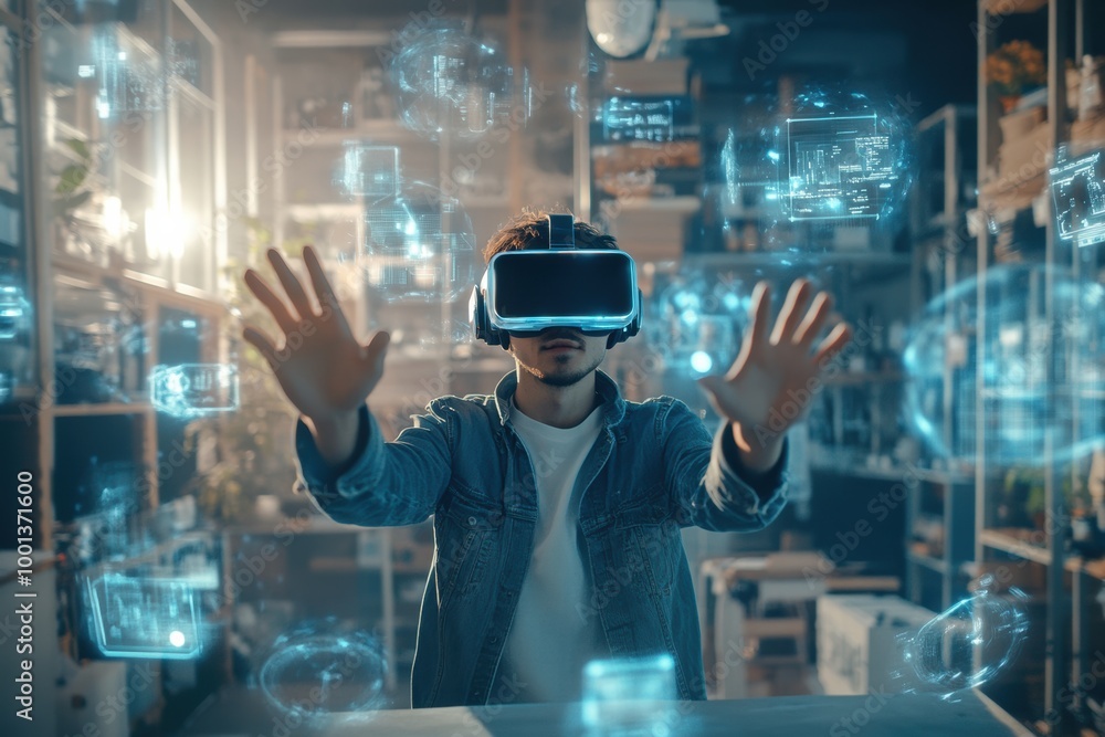Poster a virtual reality designer explores innovative 3d objects in a modern studio equipped with advanced 