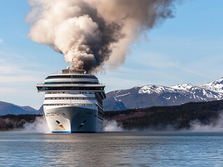 Cruise ship docked near a geothermal area, with steam rising from hot springs in the background, geothermal dock, natural wonders