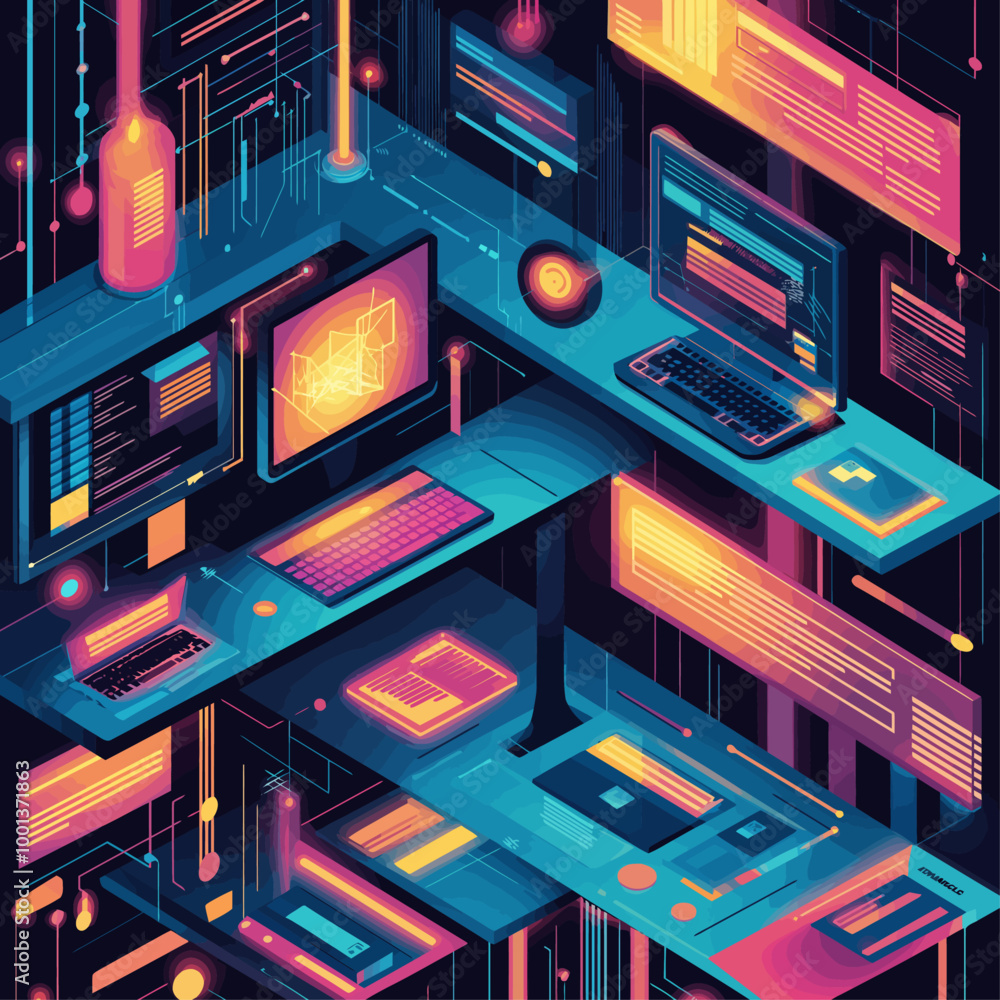 Poster isometric hacking lab cybersecurity data protection