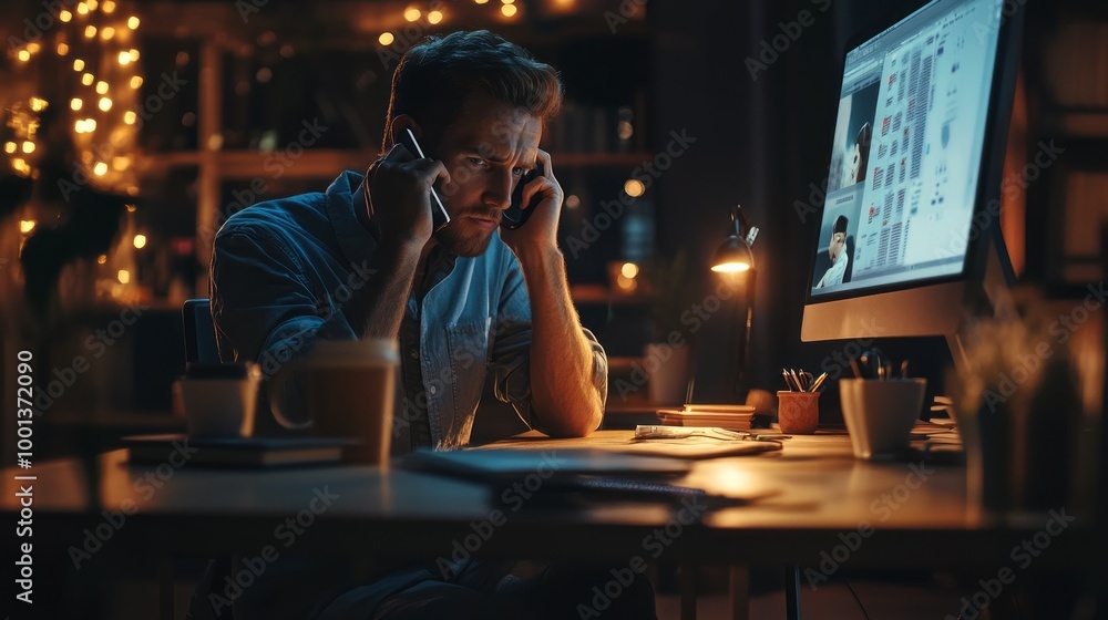 Poster a man is talking on his cell phone while sitting at a desk with a computer monit