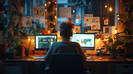 Fototapeta premium Woman working from home in cozy office setup