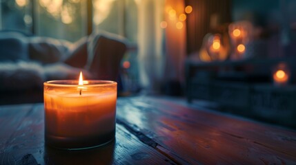 Cozy candle in themed room  a realistic photo showcasing warm lighting and modern decor