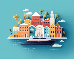 Obraz premium Cruise ship docked at a vibrant island town, with colorful houses and bustling streets, island town, vibrant atmosphere