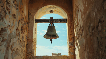 Obraz premium A solitary church bell hanging in a tower, with no sound or movement, waiting in the silence for its next ring.